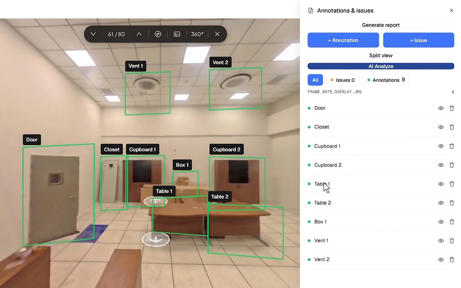 AI tags objects in a 360 capture and lists them in the Annotations and issues panel