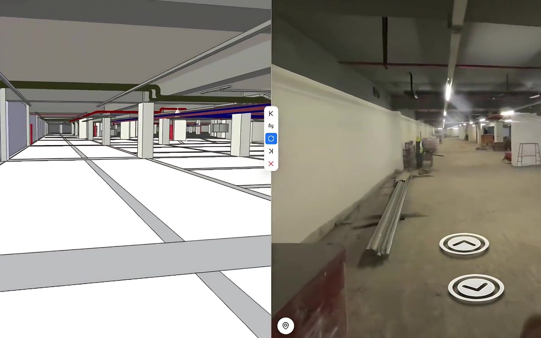 نموذج BIM لموقف سيارات في القبو بجوار لقطة 360 درجة للمكان نفسه