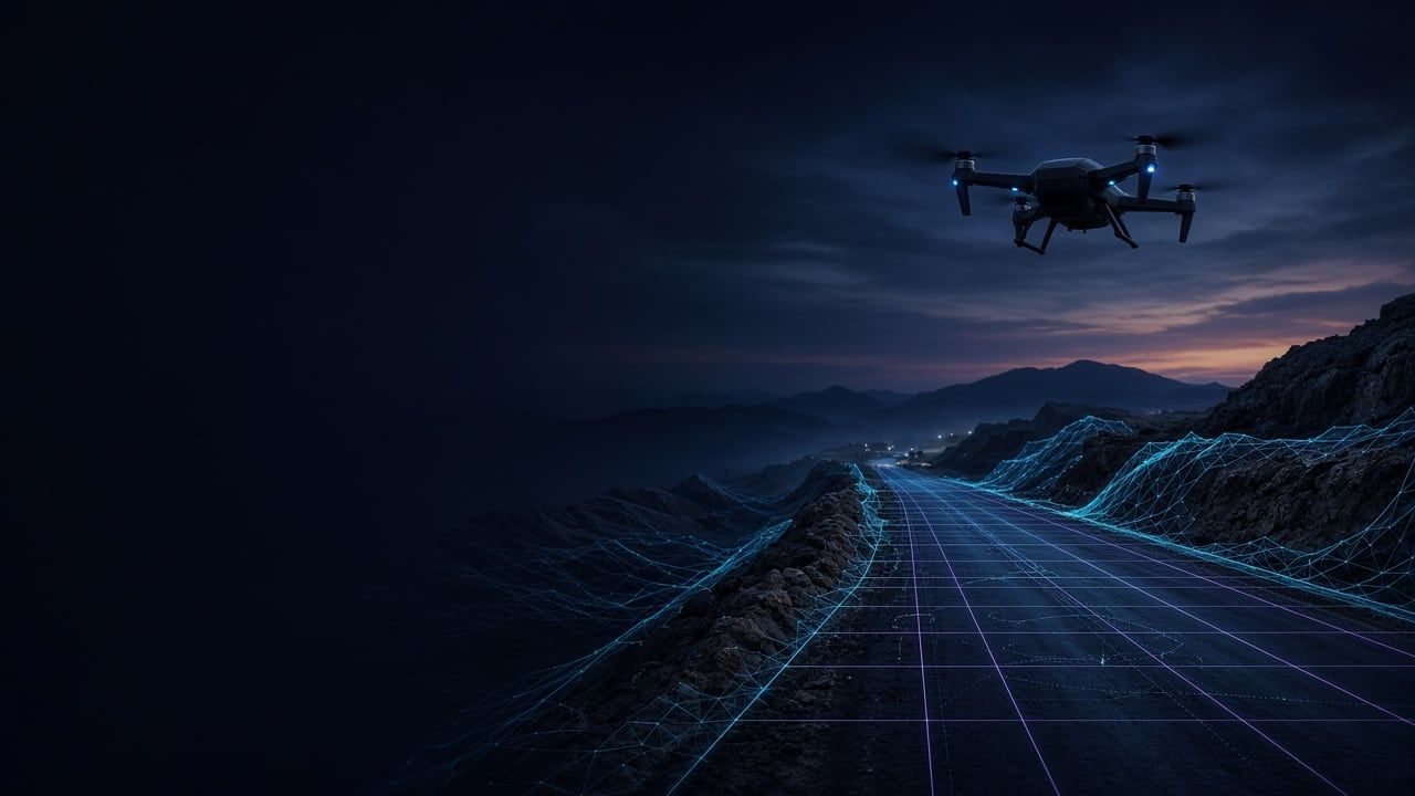 A survey drone flying over a road corridor under construction at dusk, with a cyan mesh and measurement grid over the road and slopes