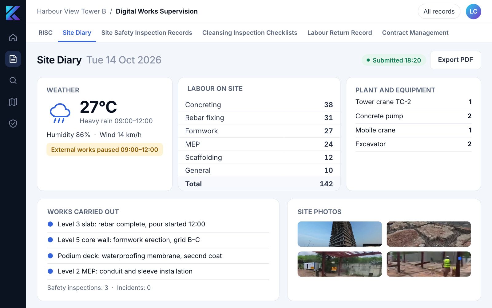 SpatialSense Digital Works Supervision: a site diary page with weather, labour by trade, plant, works carried out and site photos