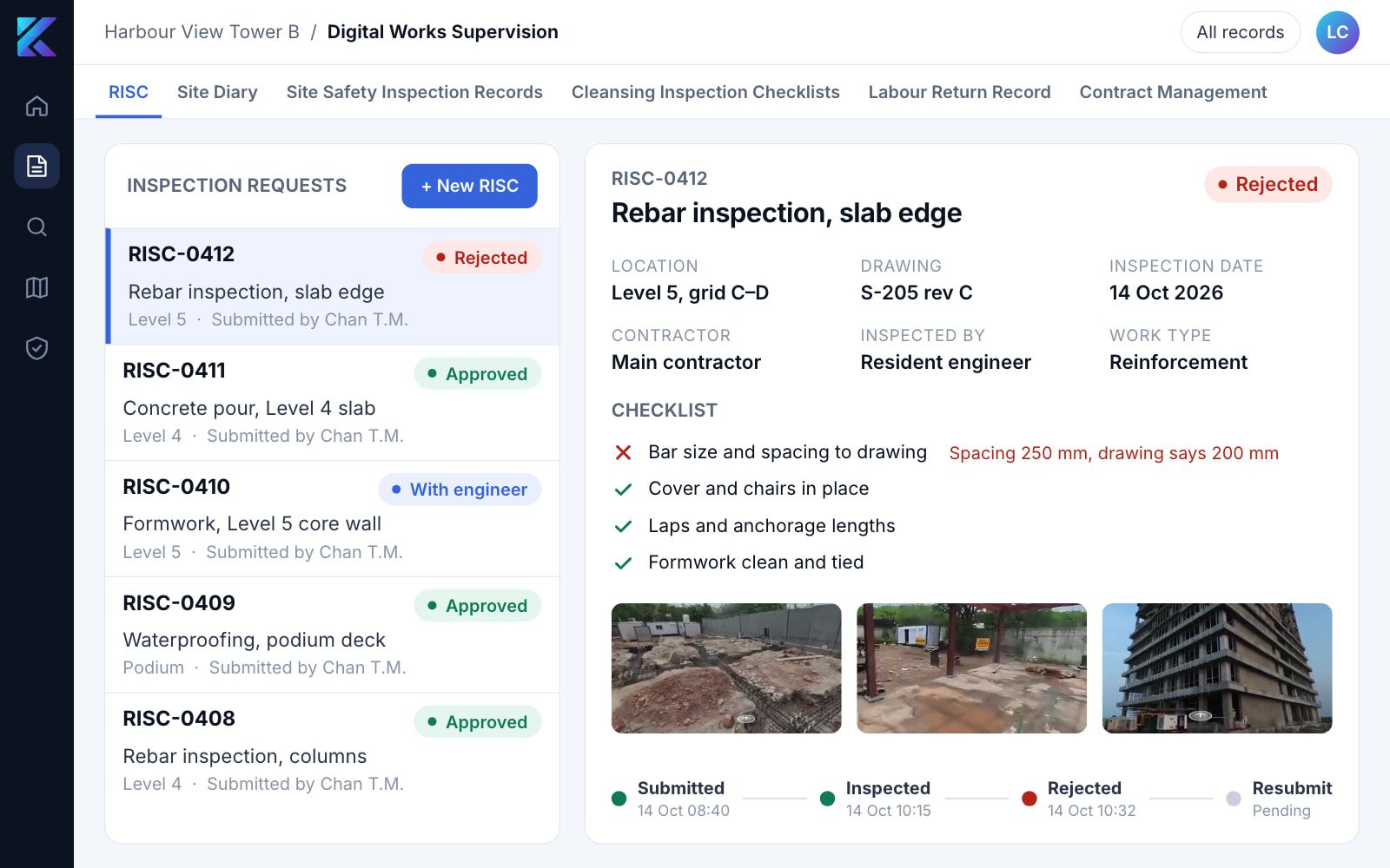SpatialSense Digital Works Supervision: the RISC module with a rejected rebar inspection, its checklist, site photos and approval trail