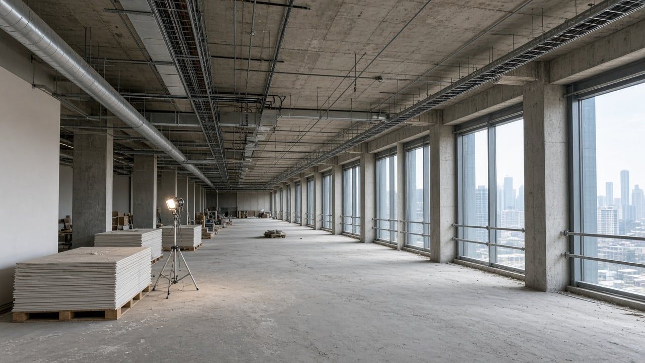 An office floor before ceiling close-up, with ducts, cable trays and services exposed overhead