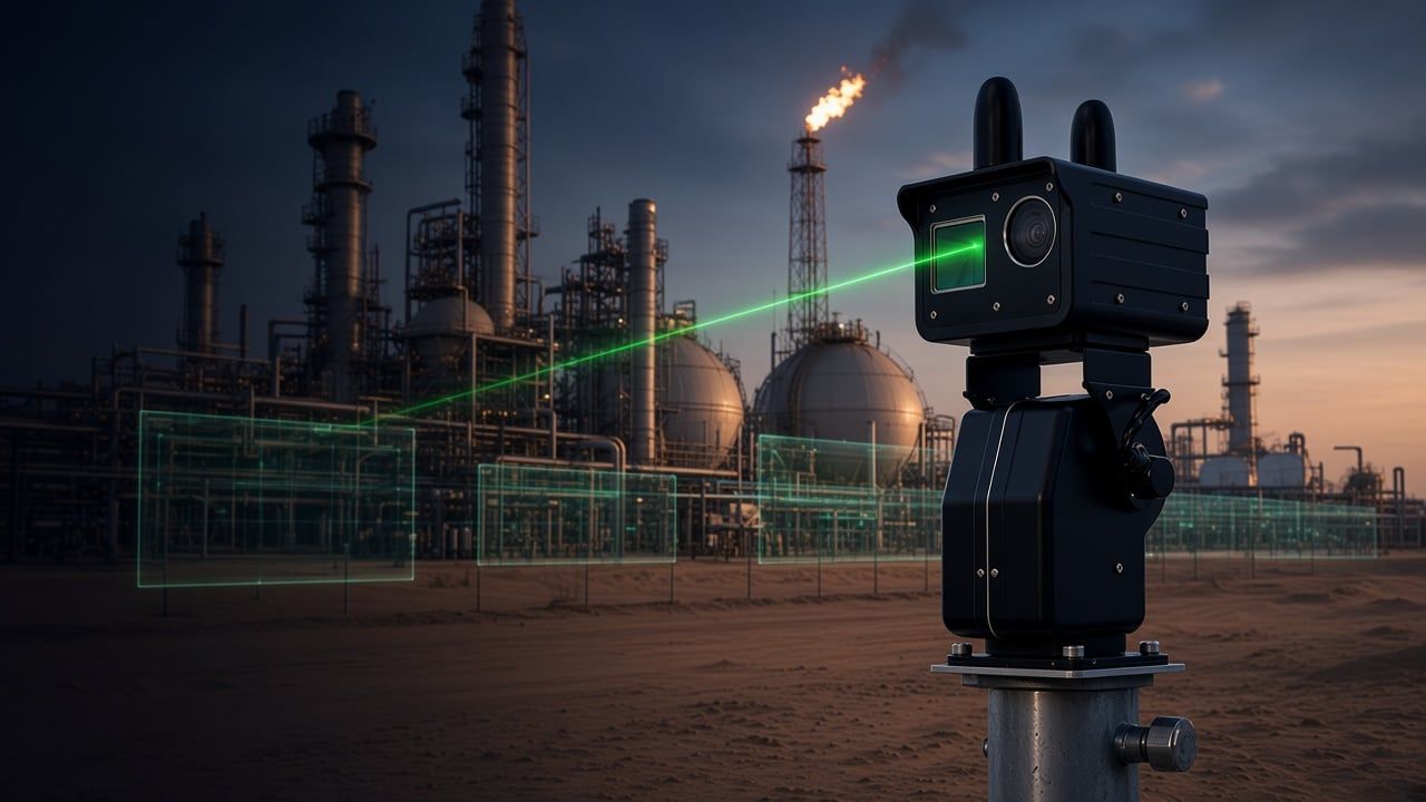 A ScanStation LiDAR unit on a pole at dusk, with a green laser line scanning a gas processing plant, pipe racks and a flare stack in the desert