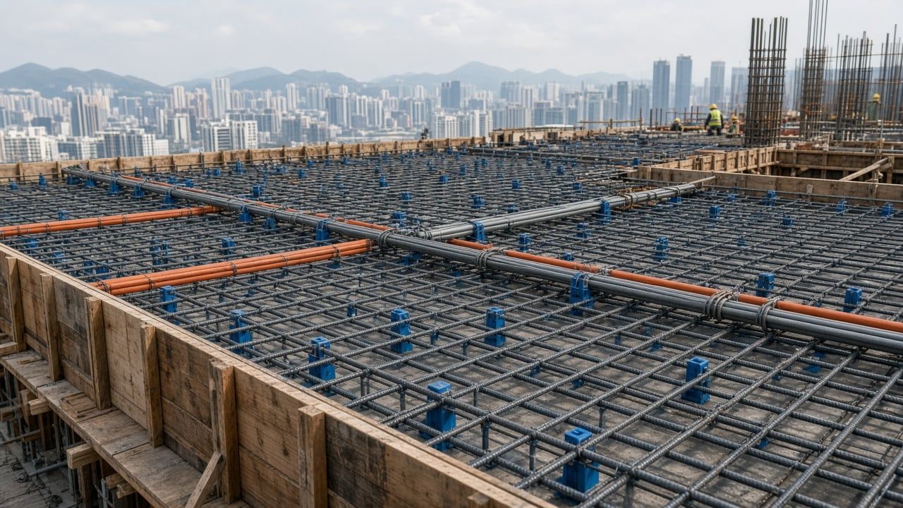A floor slab before the concrete pour: rebar mats on blue bar chairs with grey conduits and orange sleeves tied between the layers