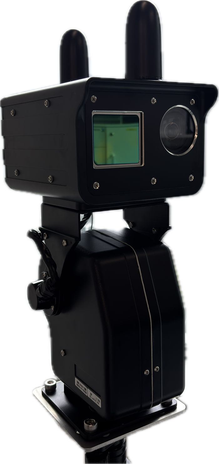 ScanStation K4DL-1000 fixed-point LiDAR unit: a black weatherproof housing with a LiDAR window, a camera, two antennas and a pan-tilt base