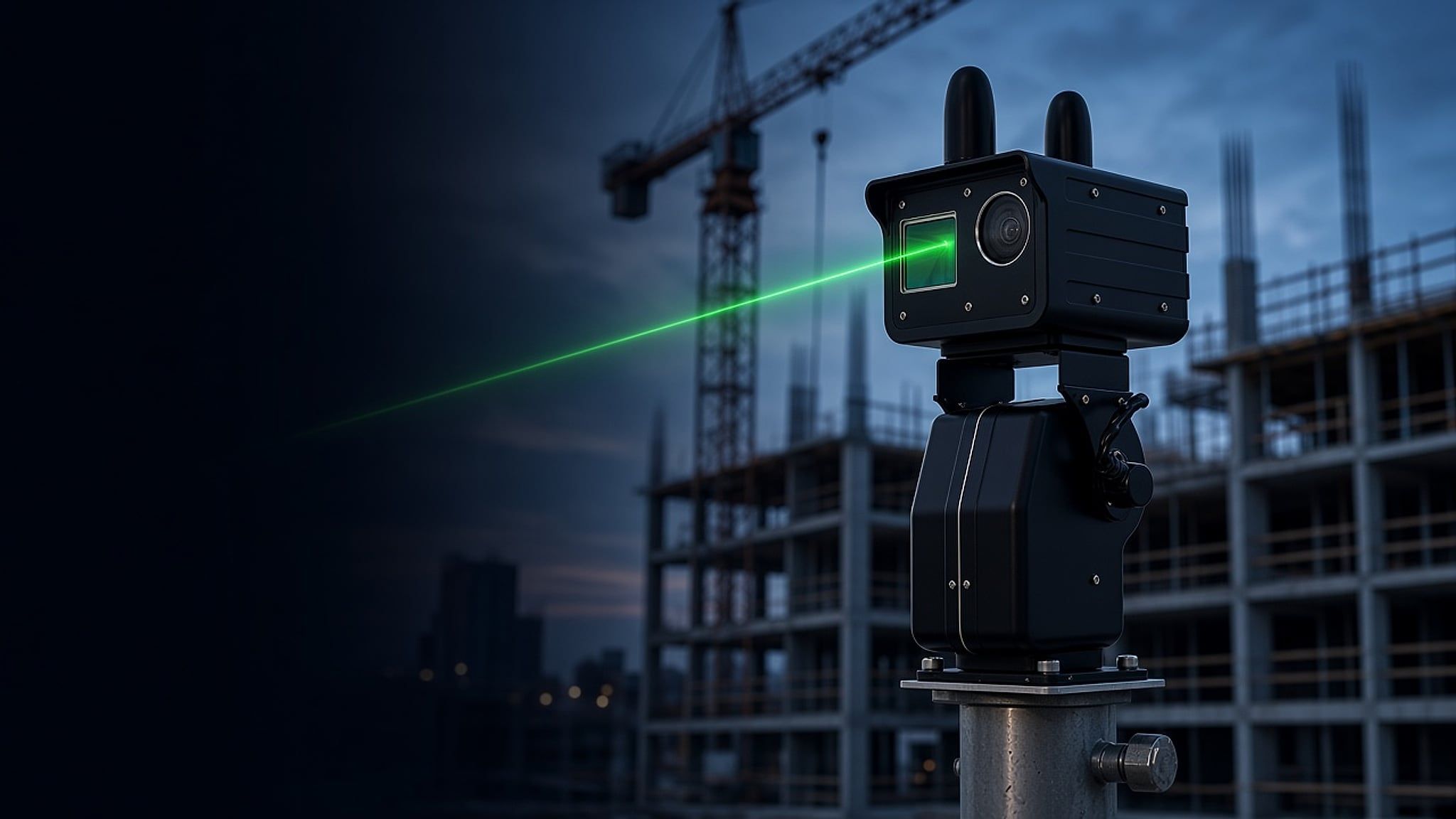 جهاز ScanStation مثبّت على عمود بجانب برج شاهق قيد الإنشاء وقت الغروب، وخط ليزر أخضر يمسح المبنى