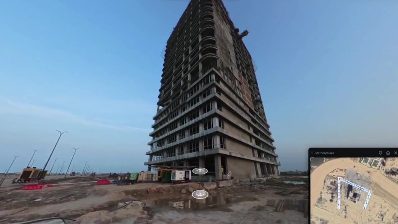 A 360 capture of a high-rise under construction in SpatialSense, with the walk route on a map